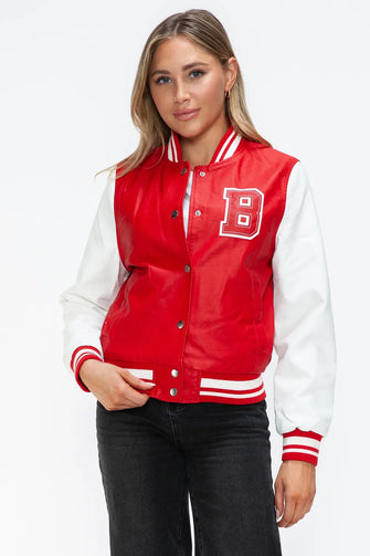 Leather Contrast Snap Red and White Varsity Jacket for Women Red White