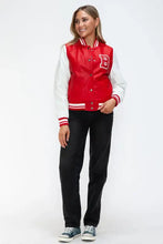 Leather Contrast Snap Red and White Varsity Jacket for Women Woman Outerwear