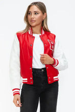 Leather Contrast Snap Red and White Varsity Jacket for Women Woman Outerwear