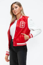 Leather Contrast Snap Red and White Varsity Jacket for Women Woman Outerwear
