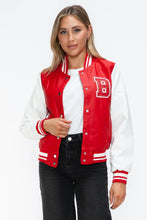 Leather Contrast Snap Red and White Varsity Jacket for Women