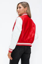 Leather Contrast Snap Red and White Varsity Jacket for Women
