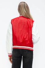 Leather Contrast Snap Red and White Varsity Jacket for Women