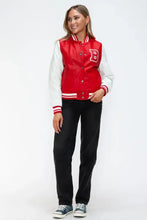 Leather Contrast Snap Red and White Varsity Jacket for Women Woman Outerwear