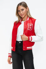 Leather Contrast Snap Red and White Varsity Jacket for Women Woman Outerwear