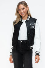 Leather Contrast Snap Varsity Bomber Jacket for Women Black and White