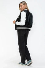 Leather Contrast Snap Varsity Bomber Jacket for Women Black and White Woman Outerwear
