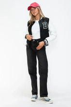 Leather Contrast Snap Varsity Bomber Jacket for Women Black and White Woman Outerwear