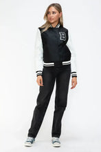 Leather Contrast Snap Varsity Bomber Jacket for Women Black and White Woman Outerwear