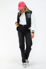 Leather Contrast Snap Varsity Bomber Jacket for Women Black and White Woman Outerwear