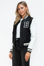 Leather Contrast Snap Varsity Bomber Jacket for Women Black and White Woman Outerwear