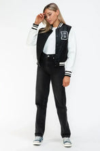 Leather Contrast Snap Varsity Bomber Jacket for Women Black and White Woman Outerwear