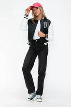 Leather Contrast Snap Varsity Bomber Jacket for Women Black and White Woman Outerwear