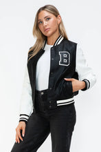 Leather Contrast Snap Varsity Bomber Jacket for Women Black and White