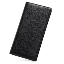 Black pebbled leather long wallet with precise edge stitching