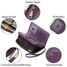 Purple leather long wallet with gold-tone zipper, studs, detachable strap