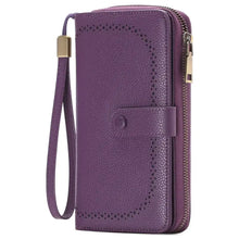 Purple textured leather long wallet with gold-tone zipper and wrist strap