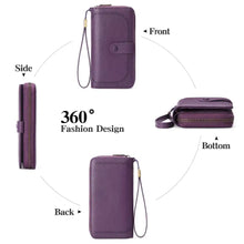 Purple textured leather long wallet with gold-tone zipper pull and wrist strap