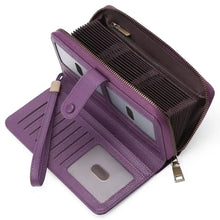 Purple textured Leather Long Wallet with zippered compartments and wrist strap