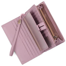 Leather long wallet in soft lavender with textured surface, gold zipper, wrist strap