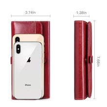 Red leather long wallet with flap closure and visible stitching