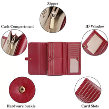 Red Leather Long Wallet with gold hardware, card slots, ID window, cash compartment, zipper