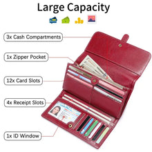 Red Leather Long Wallet with compartments and card slots
