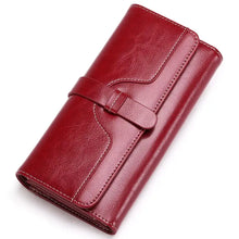 Rich red textured Leather Long Wallet with flap closure and stitching