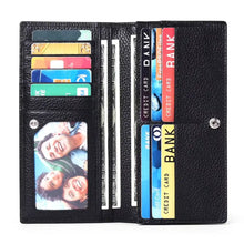Black textured leather long wallet with card slots and photo pocket