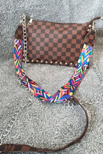 Leather studded shoulder bag with brown checkerboard pattern
