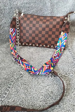 Leather studded shoulder bag in brown checkerboard with chain strap