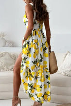 Lemon print sweetheart neck maxi dress with high slit