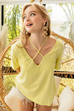 Lemon yellow short sleeve t-shirt with crisscross v-neck and back