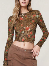 Leopard and Floral Print Mesh Long Sleeve Crop Top Coffee Brown