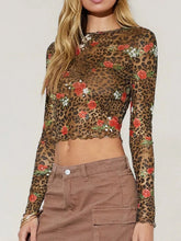 Leopard and Floral Print Mesh Long Sleeve Crop Top