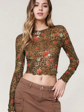 Leopard and Floral Print Mesh Long Sleeve Crop Top