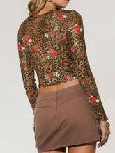 Leopard and Floral Print Mesh Long Sleeve Crop Top Woman T Shirts