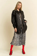 Leopard animal print long midi skirt with black leather bomber jacket