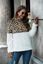 Leopard color block half-zip collar teddy sweatshirt for women
