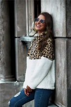 Leopard color block half-zip collar teddy sweatshirt for women