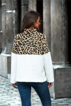 Leopard color block half-zip collar teddy sweatshirt with white sherpa