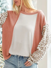 Leopard color block long sleeve blouse with printed sleeves