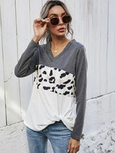 Women’s leopard color block twisted tee with knotted hem