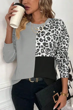 Women’s long-sleeve leopard color block round neck T-shirt with grey and leopard print