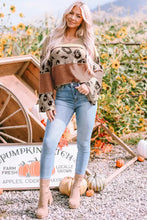 Leopard Colorblock Patchwork V-Neck Loose Sleeve Knit Top Woman Blouses