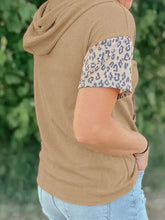 Tan leopard drawstring hooded short sleeve ribbed hoodie for women