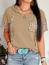 Leopard drawstring hooded short sleeve ribbed top for women