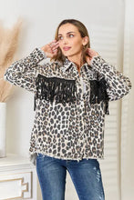 Leopard Fringe Detail Collared Neck Denim Jacket Leopard Woman Outerwear