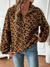 Leopard half zip long sleeve sweatshirt for women with fuzzy pullover and zipper detail