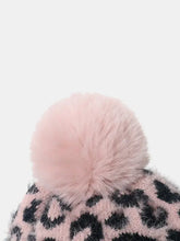 Pink and black leopard hat with fluffy pom-pom beanie